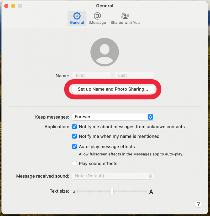generelle innstillinger for mac-meldingsappen med en rød boks rundt knappen for oppsett av navn og fotodeling