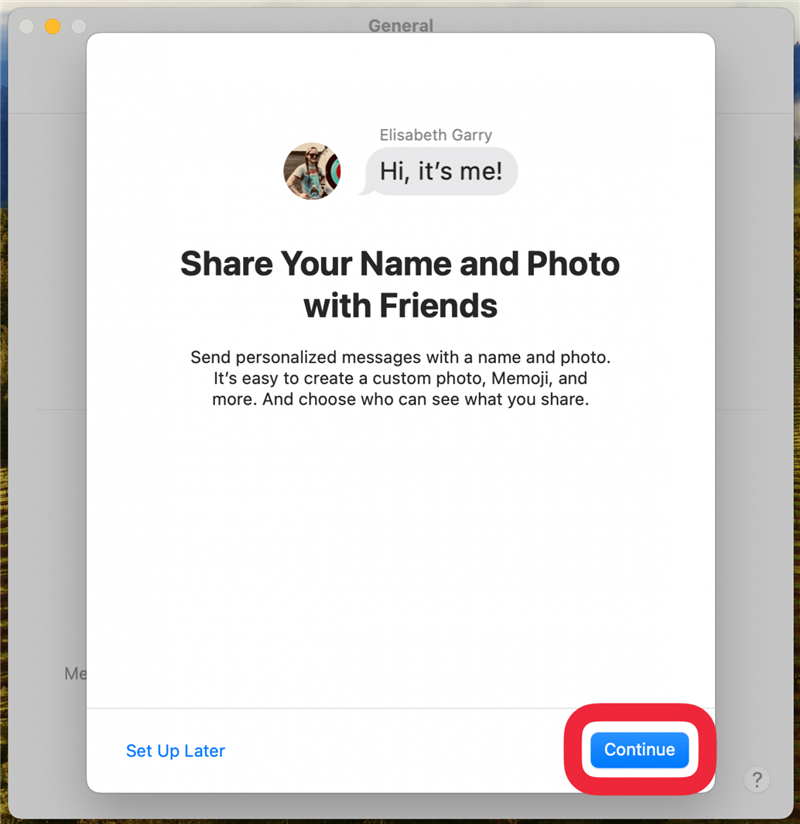 écran de configuration du nom et du partage des photos de mac messages avec un encadré rouge autour du bouton continuer