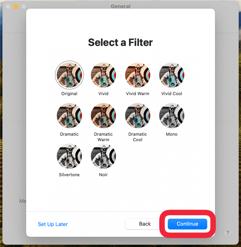 écran de configuration du nom et du partage de photos de mac messages affichant les filtres photo optionnels, avec un encadré rouge autour du bouton continuer