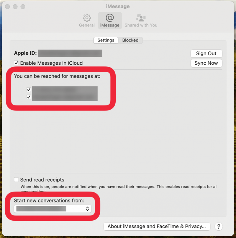 impostazioni di mac imessage con riquadri rossi intorno ai pulsanti per ricevere messaggi e per avviare nuove conversazioni