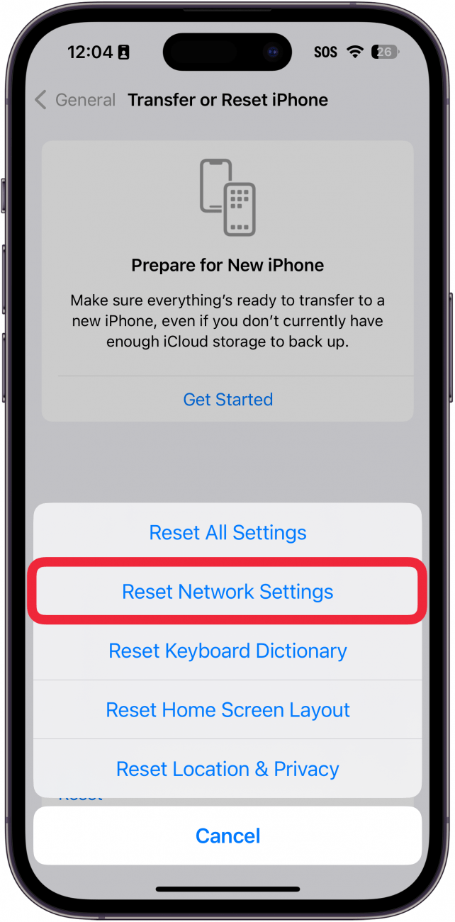iphone indstillinger app nulstil skærm med en rød boks omkring nulstil netværksindstillinger