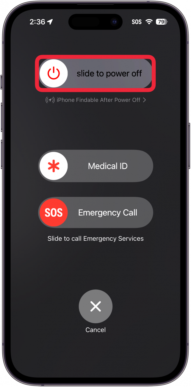меню с опции за захранване на iphone с червена рамка около плъзгача за изключване