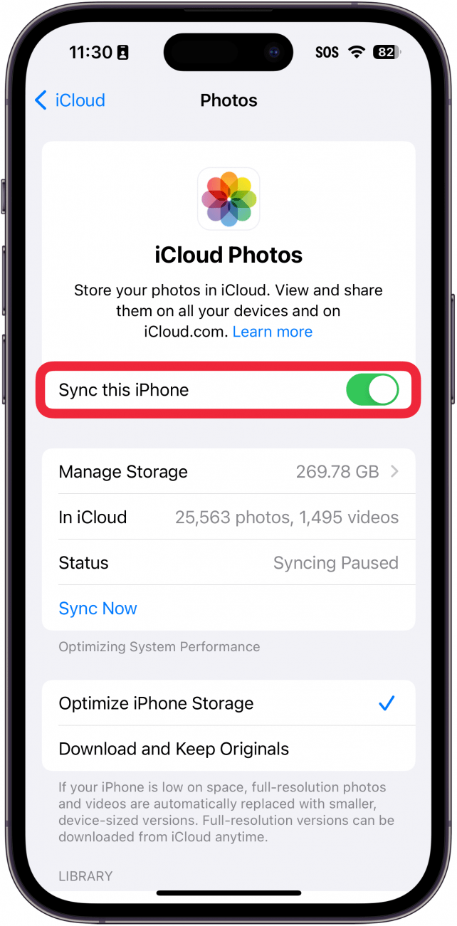 definições de fotos do icloud do iphone com uma caixa vermelha à volta do botão sincronizar com este iphone