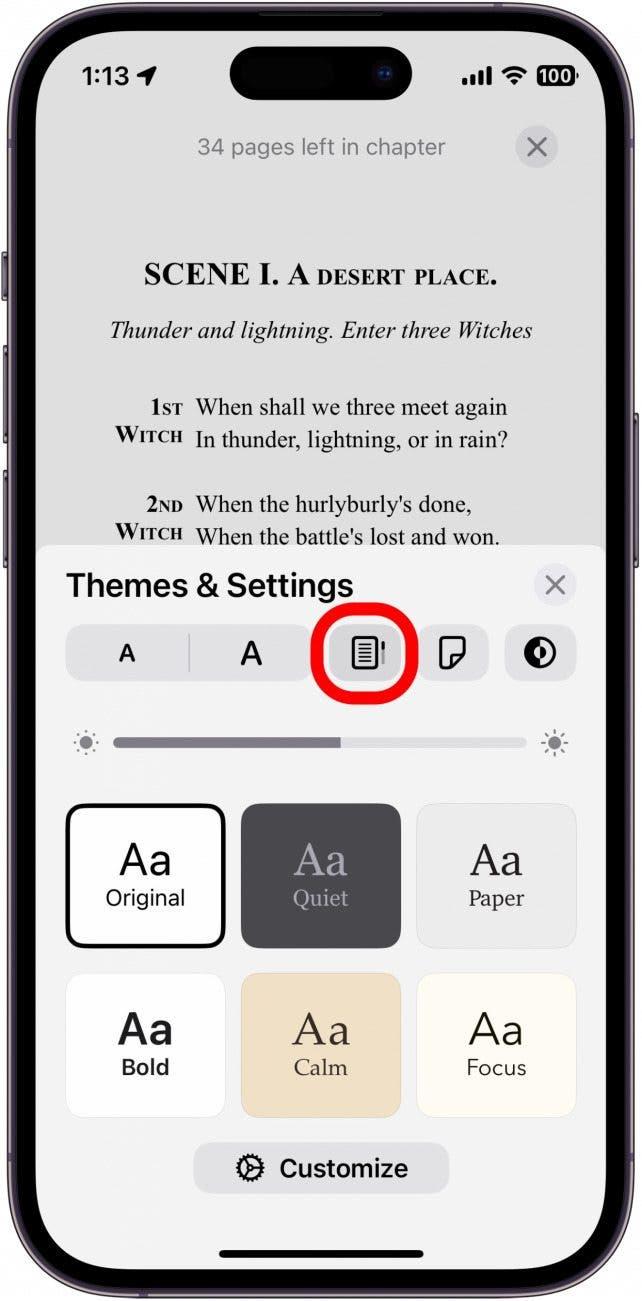 apple books menu thèmes et réglages avec icône de défilement encerclée en rouge