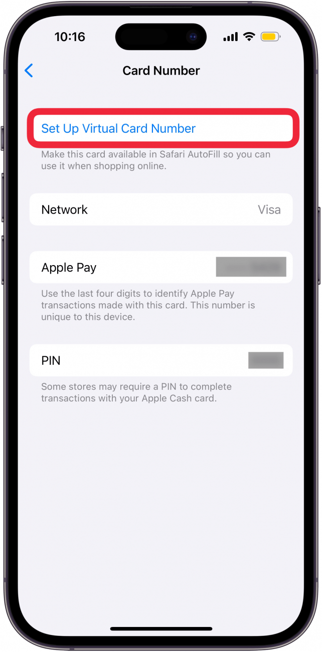 obrazovka s číslem virtuální karty v peněžence iphone s červeně zakroužkovaným tlačítkem pro nastavení čísla virtuální karty