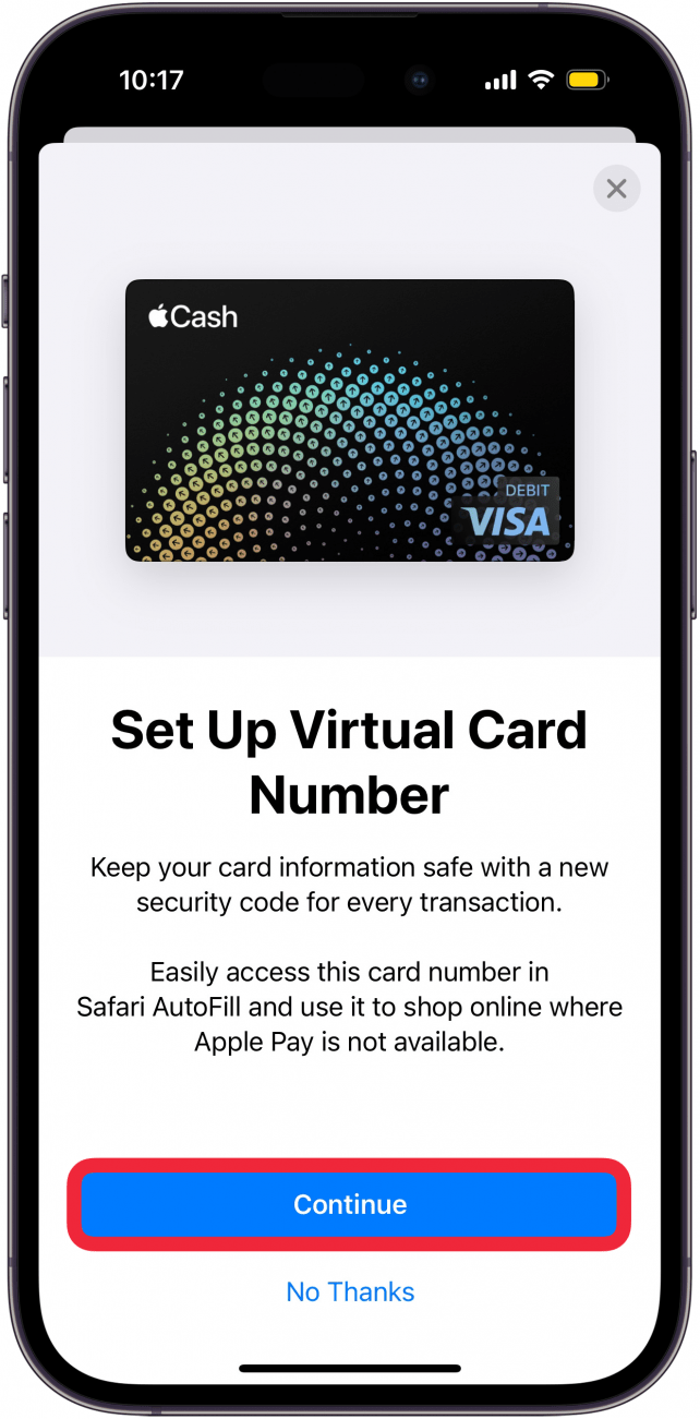Écran de configuration du numéro de la carte virtuelle du portefeuille de pomme sur l'iPhone avec une boîte rouge autour du bouton Continuer