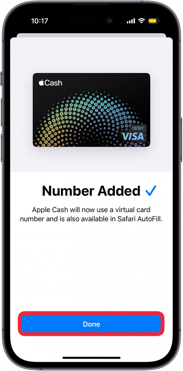 Écran de configuration du numéro de la carte virtuelle du portefeuille d'Apple sur l'iPhone avec une boîte rouge autour du bouton "Terminé".