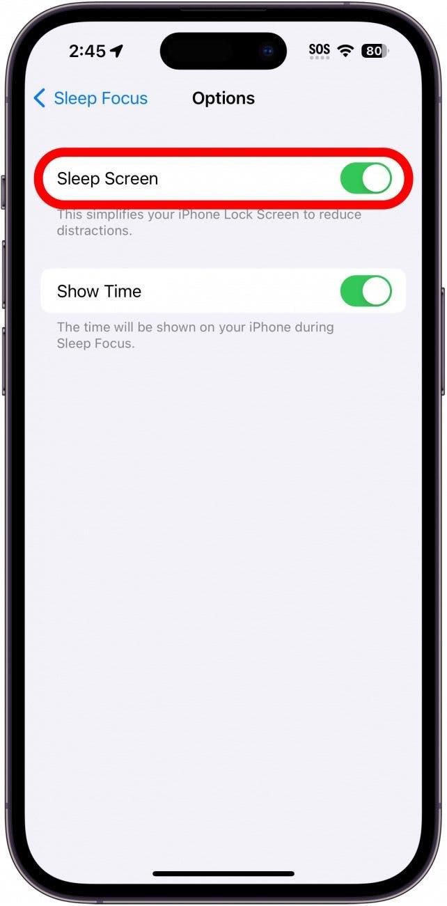 opciones de pantalla del iphone con la opción de dormir pantalla rodeada en rojo