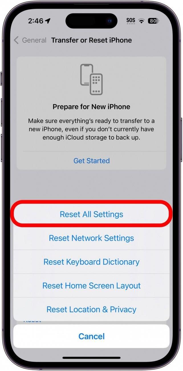 iphone reset screen with reset all settings button circled in red