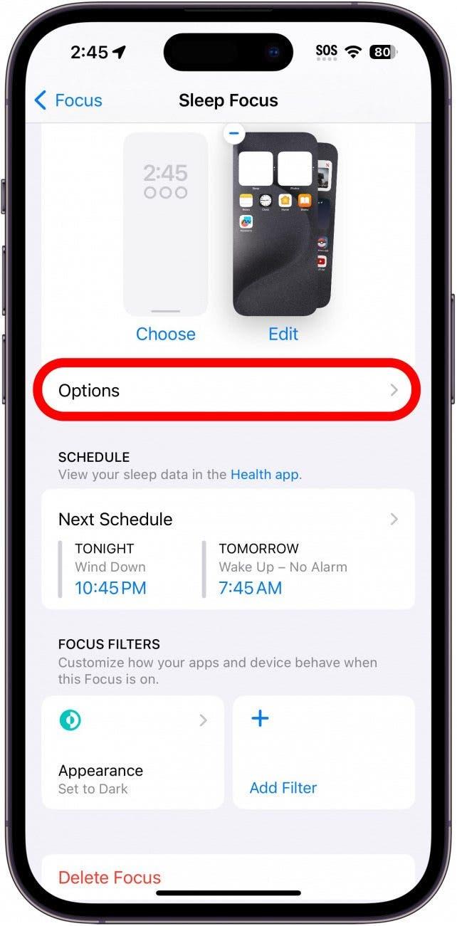 ajustes de enfoque del iphone con el botón de opciones rodeado en rojo