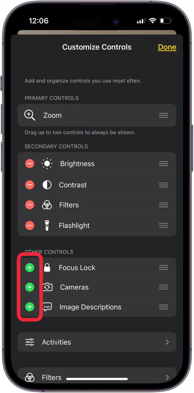 trykk på den grønne sirkelen for å legge til kontroller i forstørrelsesglass-appen.PNG