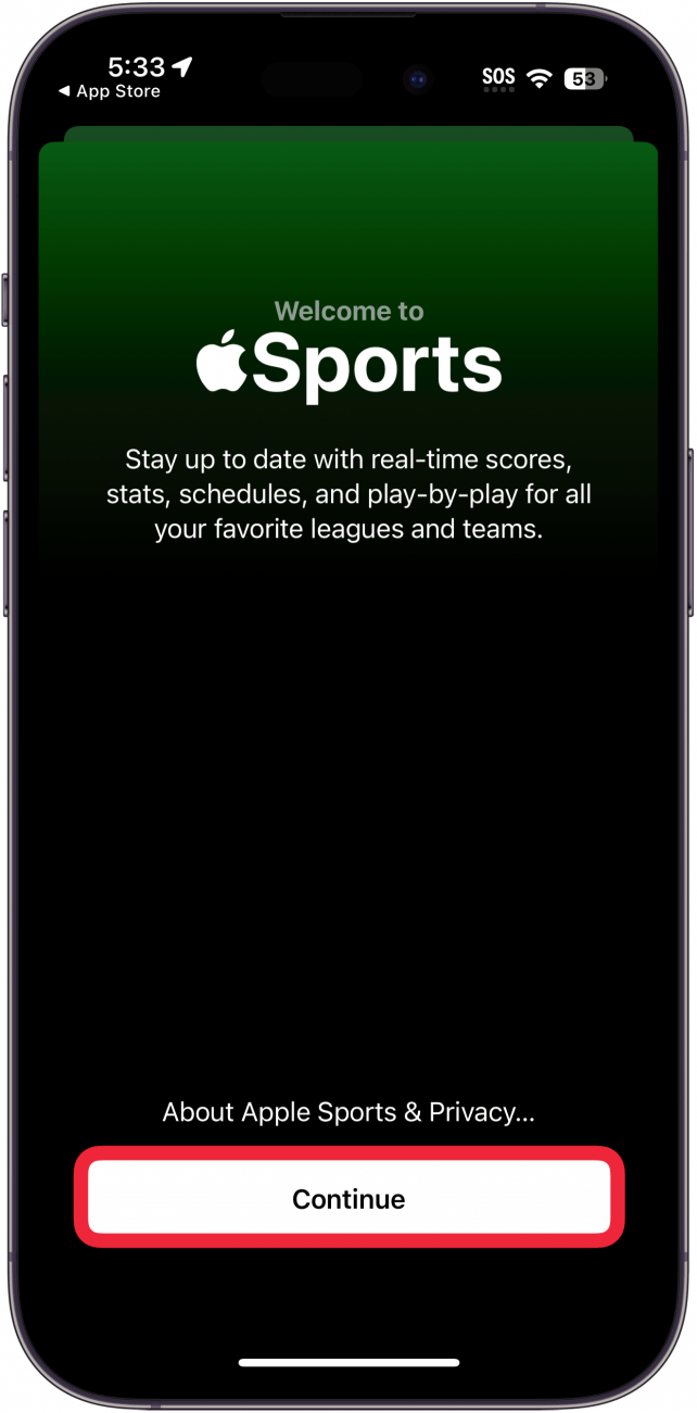 sportsapp med en rød boks rundt fortsett-knappen på iPhone