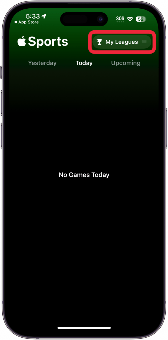 iphone sport app met een rood vak rond de mijn competities knop