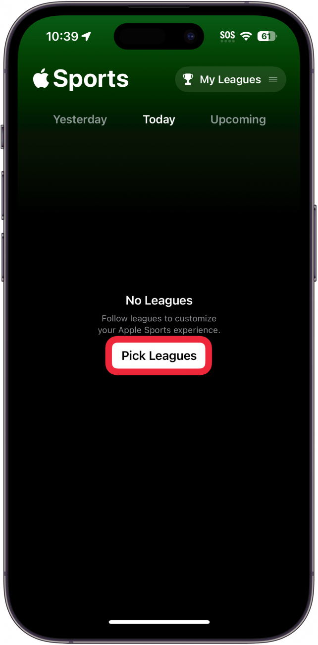 app sportiva per iphone con un riquadro rosso intorno al pulsante scegli campionati
