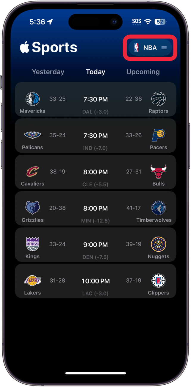 iphone sports app with a red box around top right button