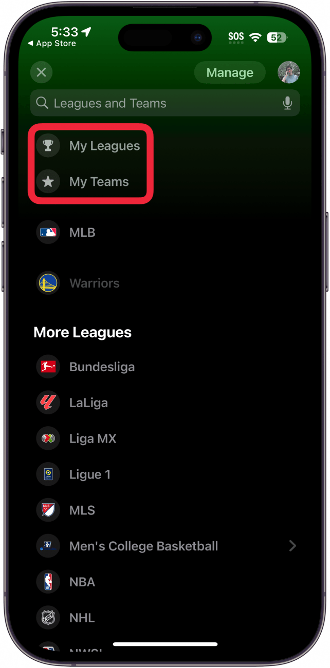 iphone Sport-App mit Anzeige von Ligen und Mannschaften mit einem roten Kasten um die Schaltfläche "Meine Ligen" und "Meine Mannschaften