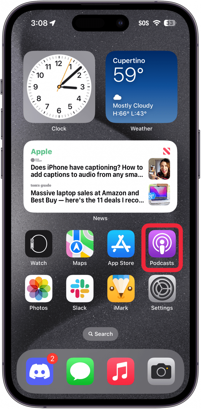schermata iniziale dell'iphone con un riquadro rosso intorno all'app Podcasts