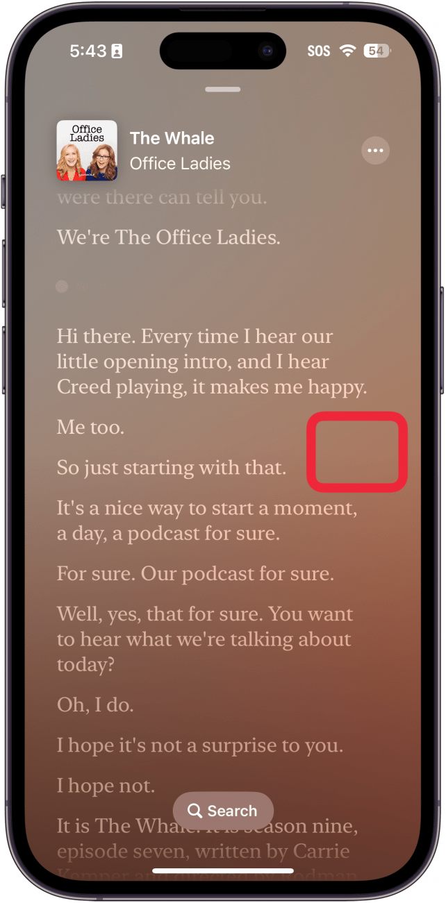 Apple-Podcasts, die ein Podcast-Transkript anzeigen, mit einem roten Kasten um eine Leerstelle