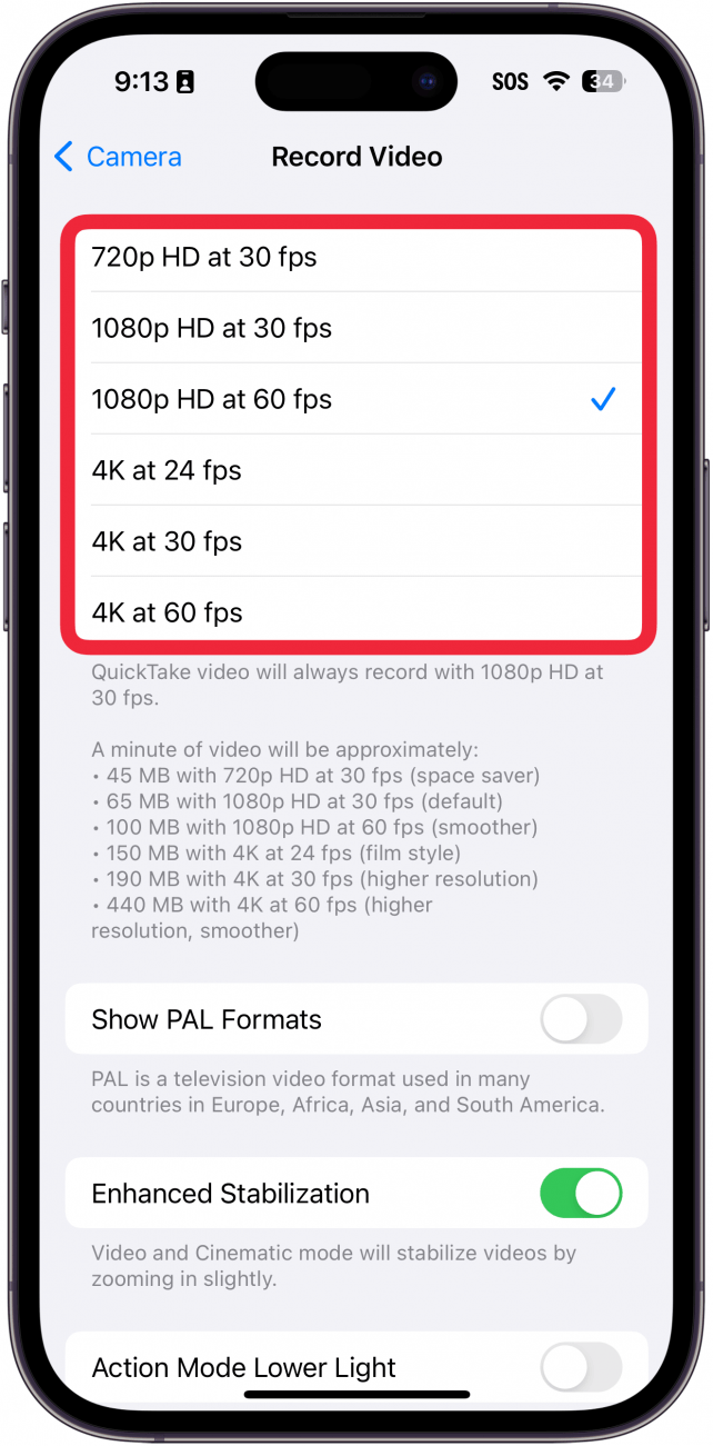 Réglages de l'enregistrement vidéo sur l'iPhone avec un cadre rouge autour des réglages de la résolution vidéo