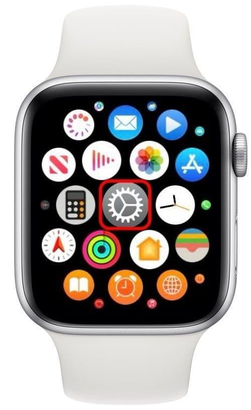 capture d'écran de l'apple watch montrant l'écran des applications, avec l'application réglages entourée en rouge