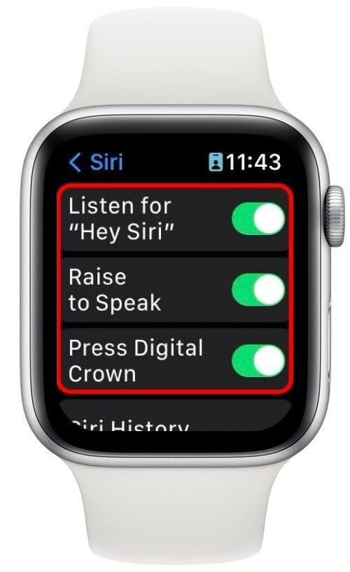 capture d'écran de l'apple watch montrant le menu des réglages avec les options suivantes entourées en rouge : hey siri, lever pour parler, appuyer sur la couronne digitale