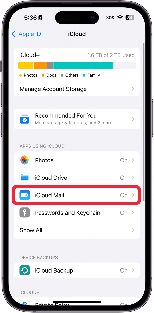 iphone icloud einstellungen mit einem roten kasten um icloud mail