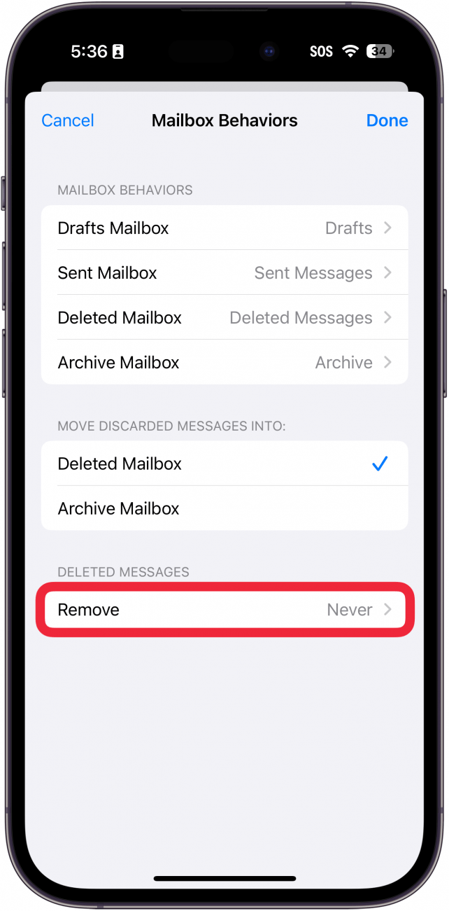definições de comportamento da caixa de correio eletrónico do iphone icloud com uma caixa vermelha à volta do botão remover