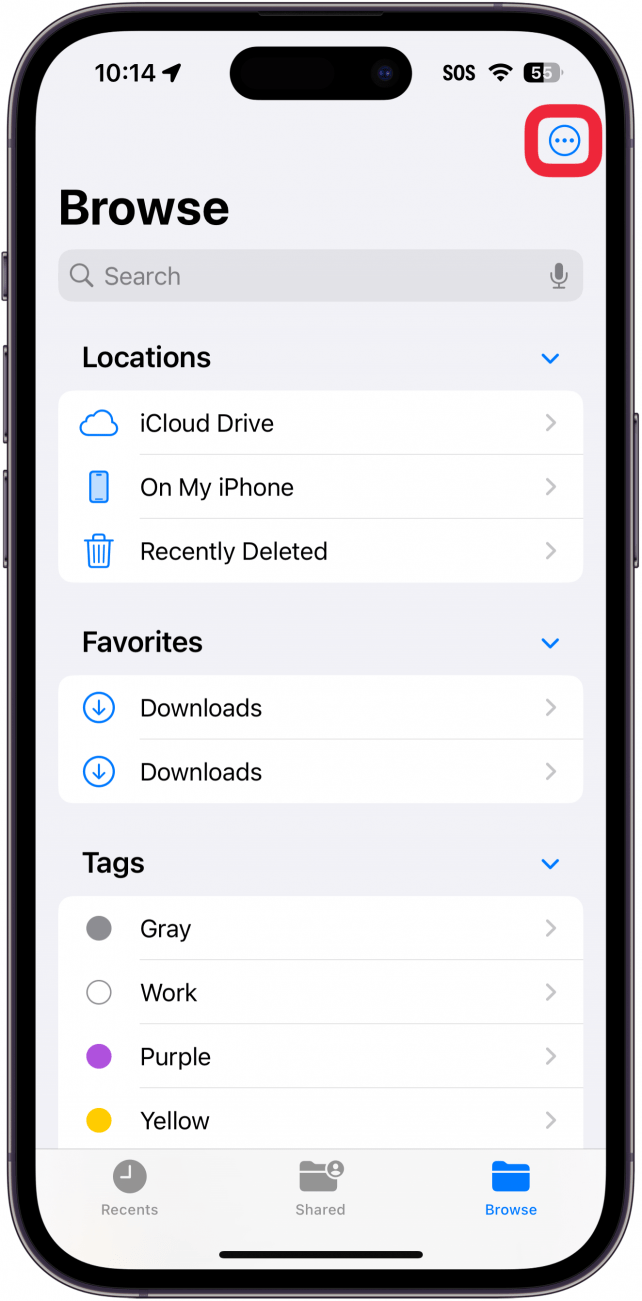 L'application Fichiers de l'iPhone avec une boîte rouge autour du bouton de menu à trois points