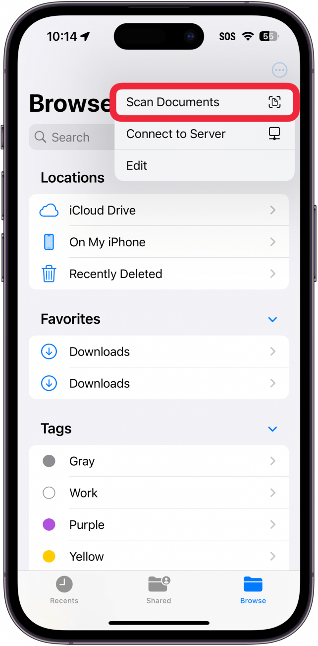L'application Fichiers de l'iPhone affiche un menu avec un cadre rouge autour du bouton Numériser des documents