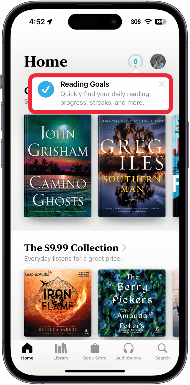 Приложение за книги за iphone с червена рамка около изскачащ прозорец, който информира потребителя за функцията "Цели за четене