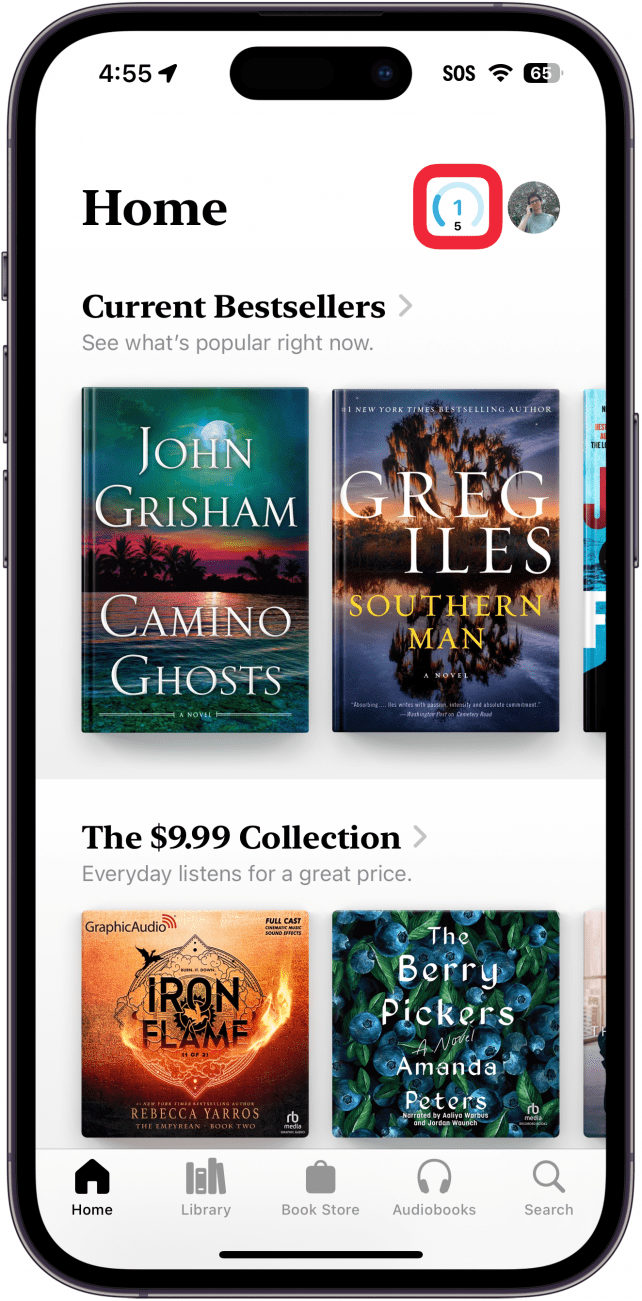 iphone Bücher-App mit einem roten Kasten um den Lesezielzähler in der oberen rechten Ecke