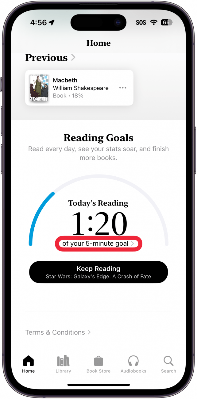 iphone books app met leesdoelen, die aangeeft dat de gebruiker een minuut en twintig seconden van zijn vijfminutendoel heeft voltooid, met een rood kader rond de knop "van je vijfminutendoel
