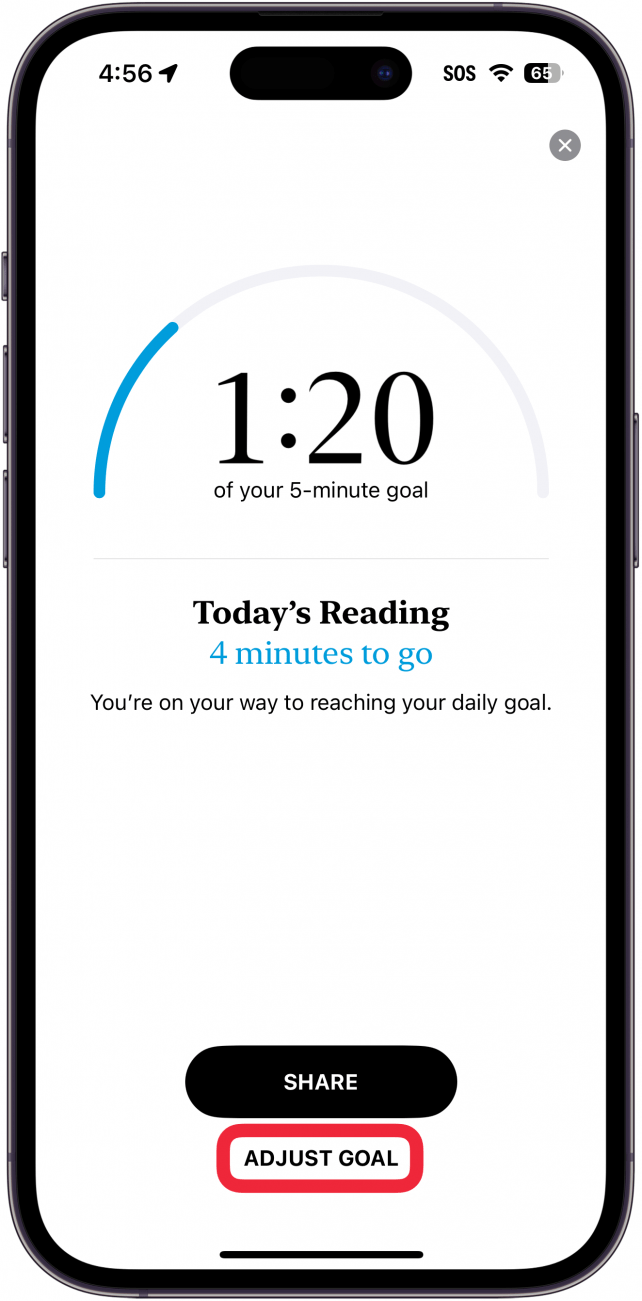 menu de objectivos de leitura da aplicação de livros para iphone com uma caixa vermelha à volta do botão "ajustar objetivo
