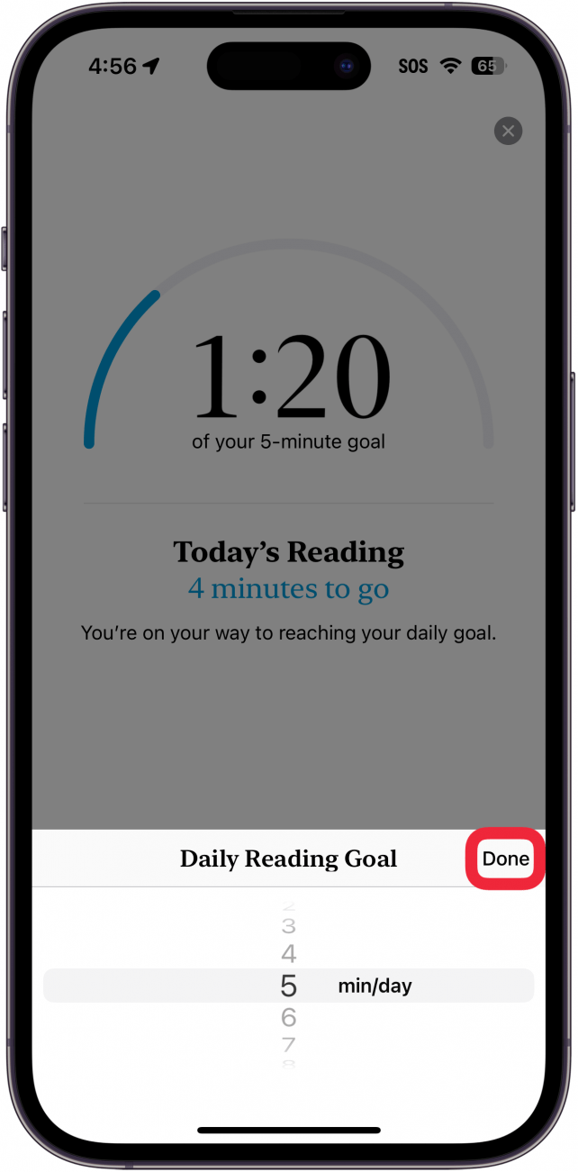 iphone books app reading goals menu met leesdoelopties variërend van 1 minuut tot 1440 minuten, met een rood vak rond de klaar-knop