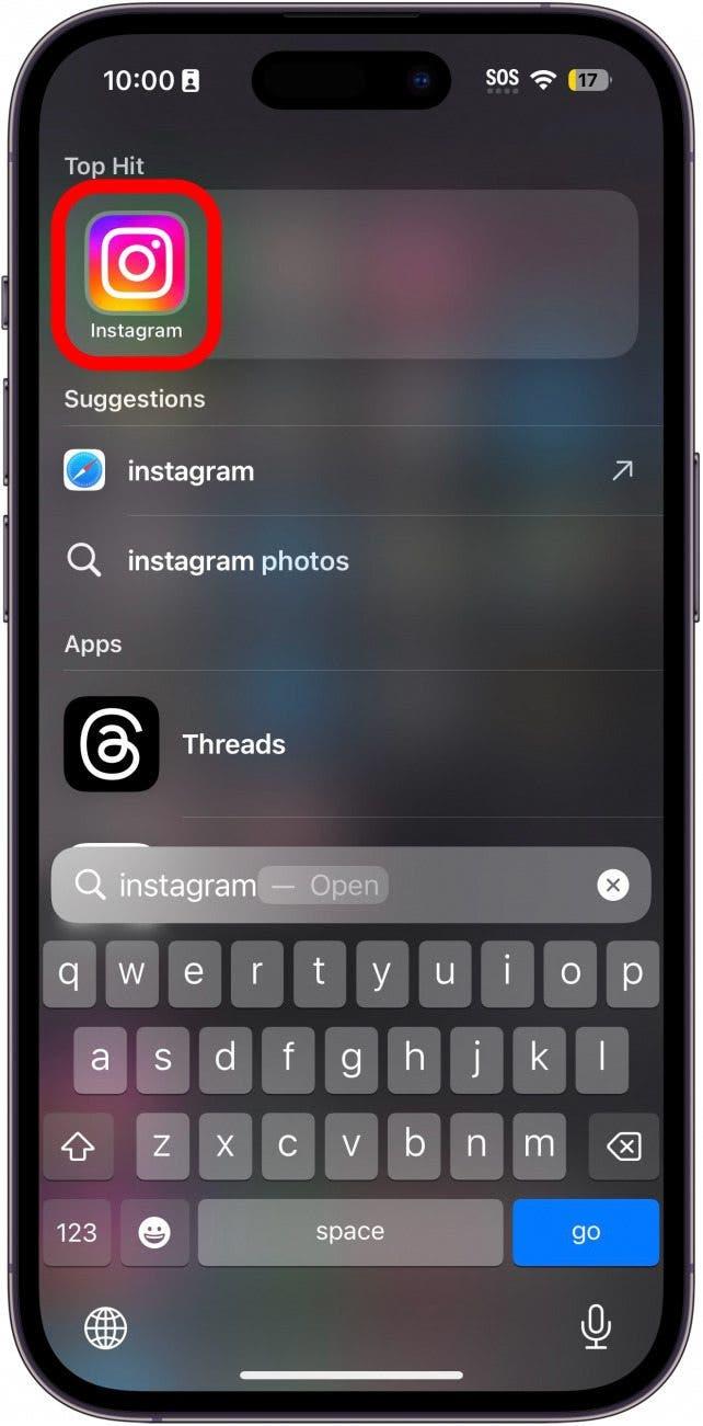 Ricerca spotlight dell'iphone con l'app Instagram cerchiata in rosso