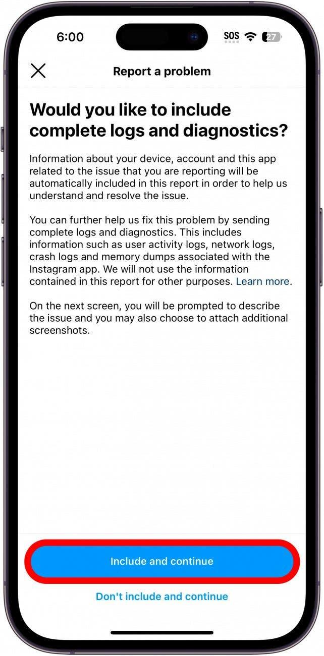 екран за диагностика на instagram с бутон за включване и продължаване, закръглен в червено