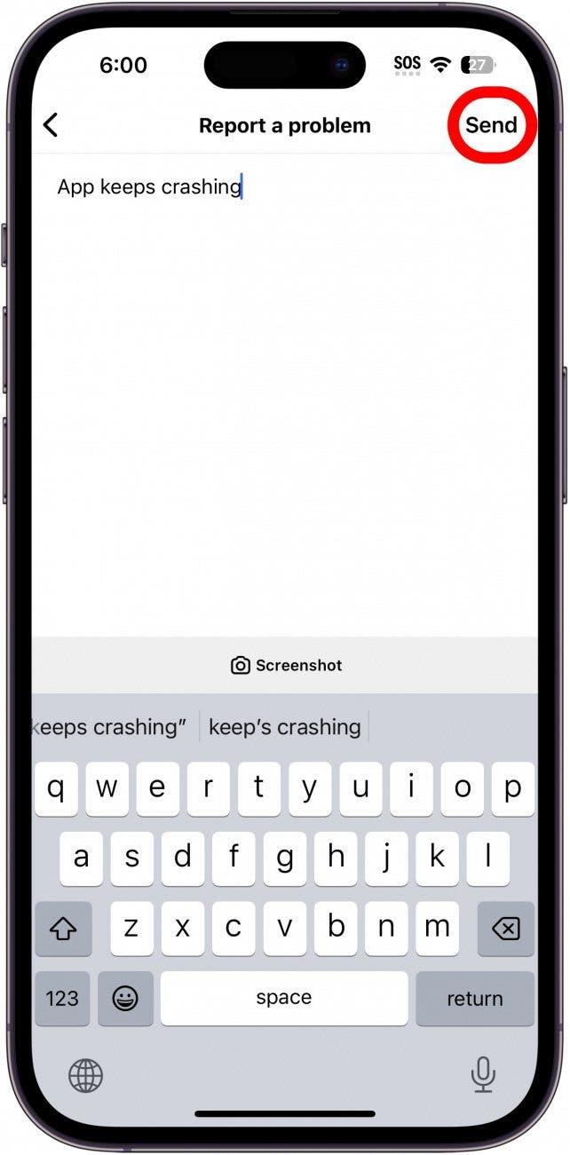 Instagram-Problem melden Bildschirm mit rot eingekreister Senden-Schaltfläche