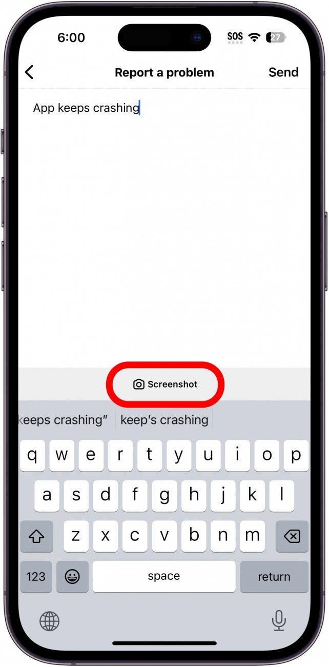 pantalla de instagram para informar de un problema con el botón de captura de pantalla rodeado en rojo