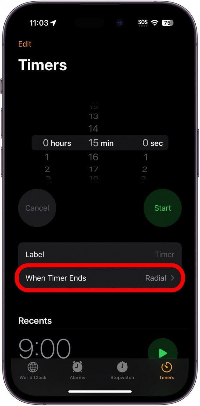 temporizador do iphone com quando o temporizador termina circulado a vermelho