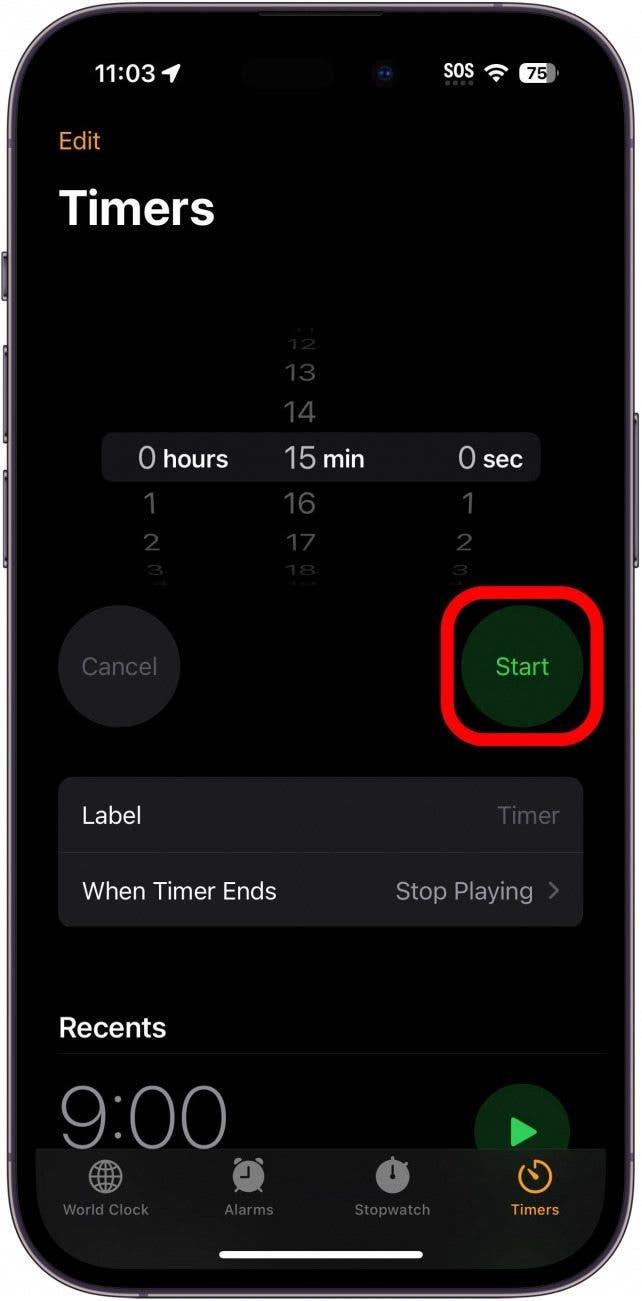 iphone timer with start button circled in red