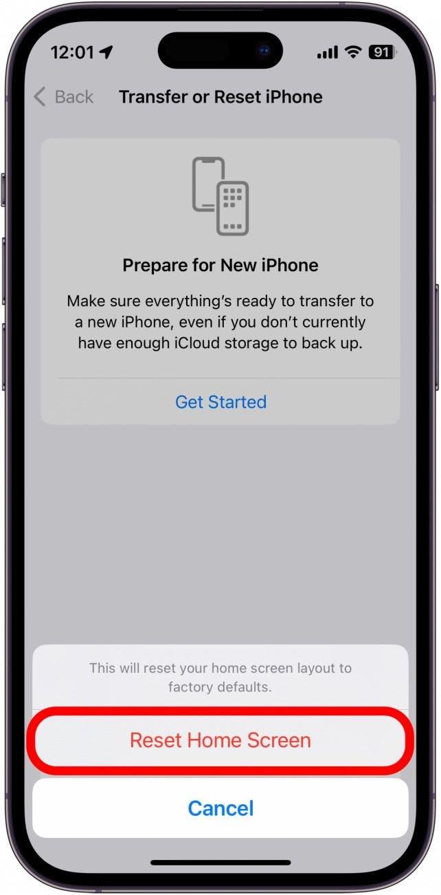 Capture d'écran de l'écran de confirmation de la réinitialisation de l'écran d'accueil de l'iPhone avec l'écran d'accueil réinitialisé entouré en rouge.