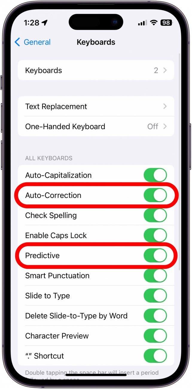Réglages du clavier d'iphone avec la correction automatique et le texte prédictif entourés en rouge