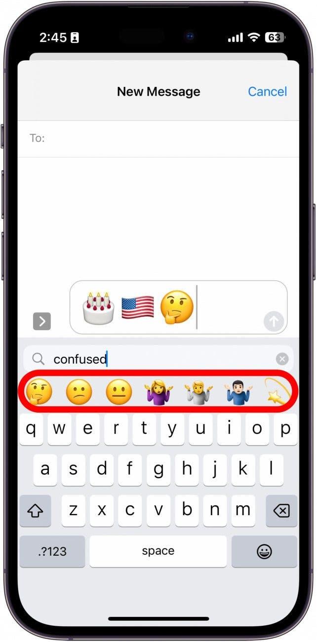 Es kann ein bisschen wie ein Ratespiel sein, aber wenn Sie etwas wie "Geburtstagskuchen", "USA-Flagge" oder "verwirrt" suchen, wird die Emoji-Tastatur die Emojis auf der Grundlage Ihrer Suche eingrenzen und Sie sollten in der Lage sein, das zu finden, wonach Sie suchen.