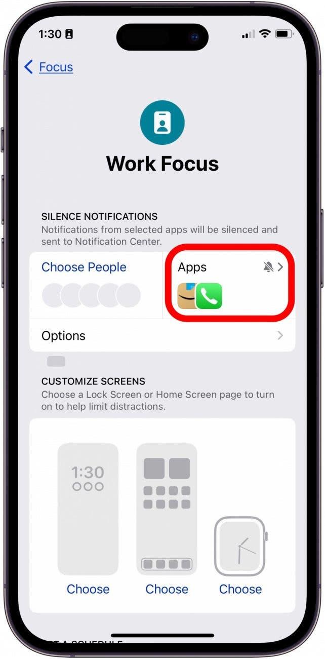 trykk på apper i fokusstatus for iphone
