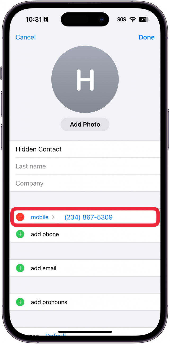 iphone rediger kontaktmenyen med en rød boks rundt telefonnummeret til kontakten
