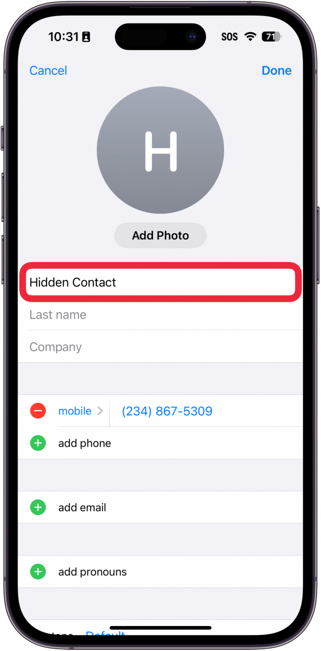 iphone rediger kontaktmeny med rød boks rundt kontaktens navn
