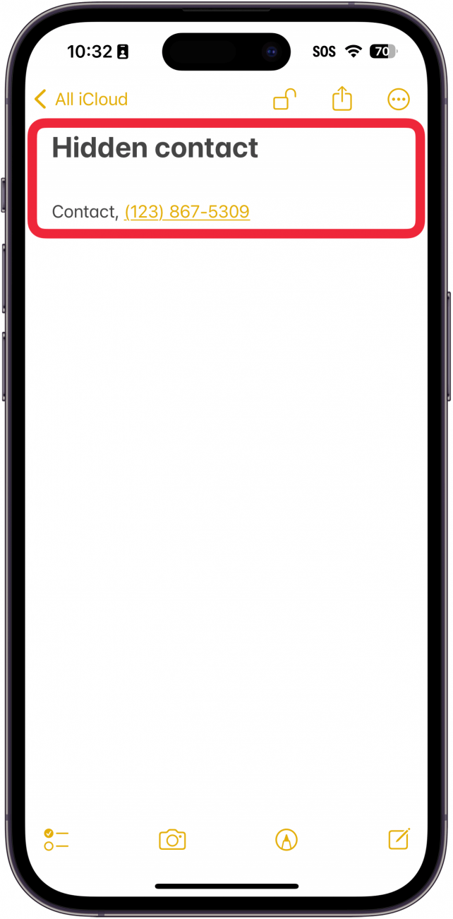 A aplicação Notas do iphone apresenta uma nota bloqueada com a informação do contacto escrita