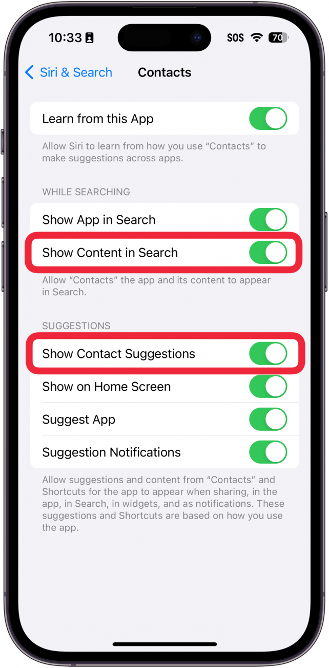 iphone siri og søkeinnstillinger for kontakter app med røde bokser rundt vis innhold i søk og vis kontaktforslag veksler
