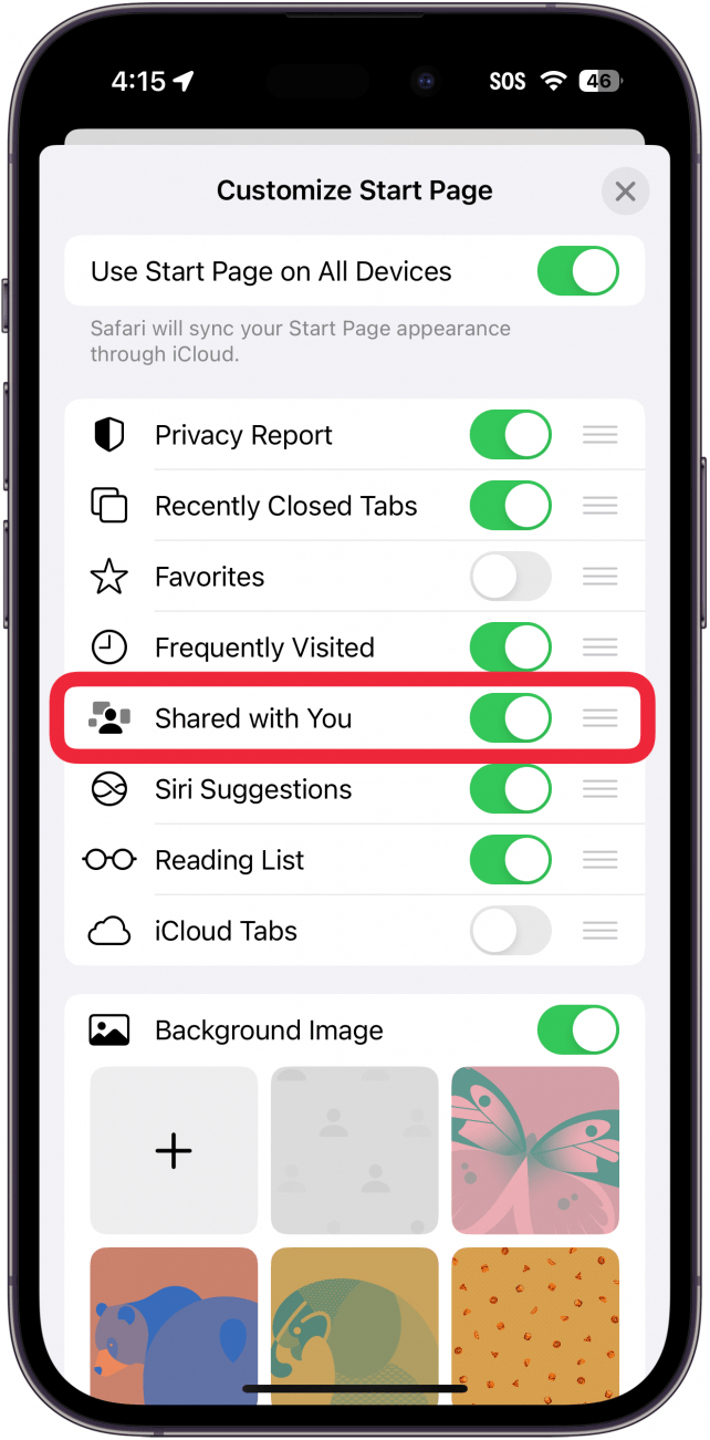 Ecrã de edição do novo separador do iPhone com uma caixa vermelha à volta do botão partilhado consigo