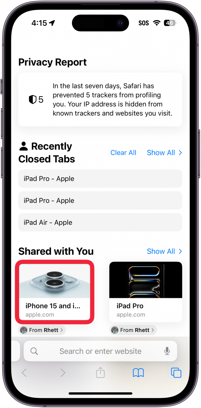 ecrã do novo separador do Safari para iPhone com uma caixa vermelha à volta de uma ligação sob o cabeçalho "partilhado consigo
